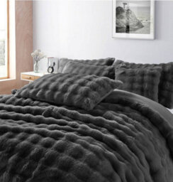 Homes & Linen Charcoal Teddy Square Duvet Cover Set Ultra Soft Plush Bedding With Matching Pillowcases