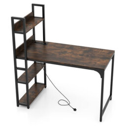 Costway Computer Desk 120 Cm Study Writing Desk With Charging Station-Brown - thumbnail 2