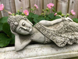 Burgess Laying Oriental Tealight Buddha Stone Statue Outdoor Garden Ornament Zen Monk Handmade British Sculpture - thumbnail 2