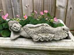 Burgess Laying Oriental Tealight Buddha Stone Statue Outdoor Garden Ornament Zen Monk Handmade British Sculpture
