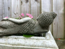 Burgess Laying Oriental Tealight Buddha Stone Statue Outdoor Garden Ornament Zen Monk Handmade British Sculpture - thumbnail 5