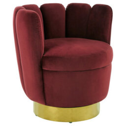 Orsina Wine Velvet Accent Chair With Gold Base, Plush Scalloped Cocktail Chair For Livingroom, Swivel Accent Seat
