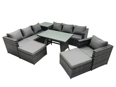 Fimous Outdoor Corner Sofa Chair Dining Table Set Garden Rattan Furniture Set 9 Seater With Side Table 2 Big Stool Dark Grey - image 1