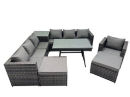 Fimous Outdoor Corner Sofa Chair Dining Table Set Garden Rattan Furniture Set 9 Seater With Side Table 2 Big Stool Dark Grey - thumbnail 2