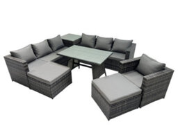 Fimous Outdoor Corner Sofa Chair Dining Table Set Garden Rattan Furniture Set 9 Seater With Side Table 2 Big Stool Dark Grey - thumbnail 1