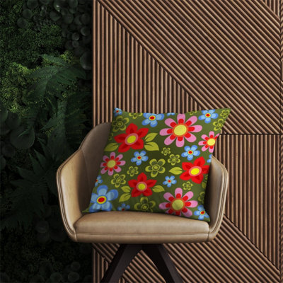 Warren Reed Designer Red And Blue Flowers Outdoor Cushion 60Cm X 60Cm