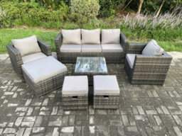 Fimous Wicker Rattan Garden Furniture Sofa Set With Armchair Square Coffee Table 3 Footstools Dark Grey Mixed - thumbnail 2