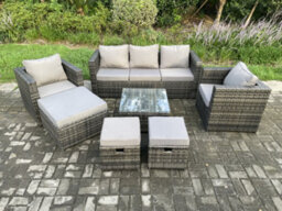 Fimous Wicker Rattan Garden Furniture Sofa Set With Armchair Square Coffee Table 3 Footstools Dark Grey Mixed - thumbnail 1