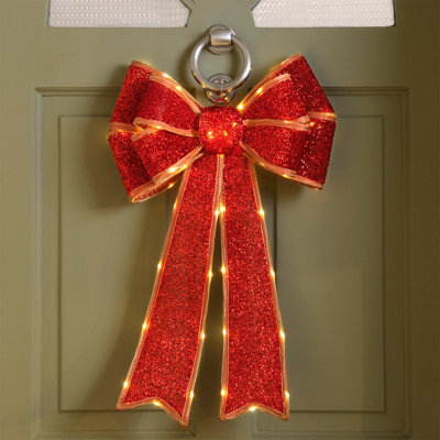 Festive Red Battery Operated Christmas Door Bow With 84 Warm White Leds - image 1