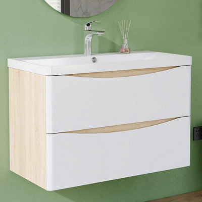 AVER-GROWTH 800mm Wall Hung Vanity Unit With Basin Matt White And Oak Resin Sink Bathroom Storage Cabinet Soft Close Hinges - image 1