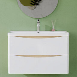 AVER-GROWTH 800mm Wall Hung Vanity Unit With Basin Matt White And Oak Resin Sink Bathroom Storage Cabinet Soft Close Hinges - thumbnail 6