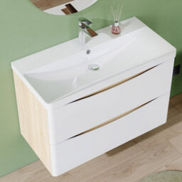 AVER-GROWTH 800mm Wall Hung Vanity Unit With Basin Matt White And Oak Resin Sink Bathroom Storage Cabinet Soft Close Hinges - thumbnail 3