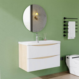 AVER-GROWTH 800mm Wall Hung Vanity Unit With Basin Matt White And Oak Resin Sink Bathroom Storage Cabinet Soft Close Hinges - thumbnail 2