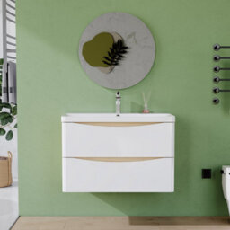 AVER-GROWTH 800mm Wall Hung Vanity Unit With Basin Matt White And Oak Resin Sink Bathroom Storage Cabinet Soft Close Hinges - thumbnail 5