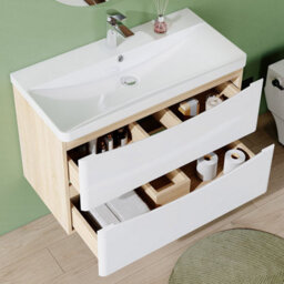 AVER-GROWTH 800mm Wall Hung Vanity Unit With Basin Matt White And Oak Resin Sink Bathroom Storage Cabinet Soft Close Hinges - thumbnail 4