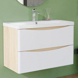 AVER-GROWTH 800mm Wall Hung Vanity Unit With Basin Matt White And Oak Resin Sink Bathroom Storage Cabinet Soft Close Hinges