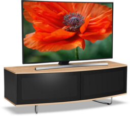 "Centurion Supports Caru Gloss Black And Oak Beam-Thru Remote Friendly Contemporary ""d"" Shape Design Up To 65"" Tv Cabinet"