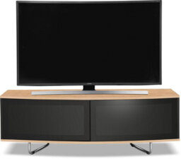 "Centurion Supports Caru Gloss Black And Oak Beam-Thru Remote Friendly Contemporary ""d"" Shape Design Up To 65"" Tv Cabinet" - thumbnail 2
