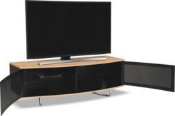 "Centurion Supports Caru Gloss Black And Oak Beam-Thru Remote Friendly Contemporary ""d"" Shape Design Up To 65"" Tv Cabinet" - thumbnail 6