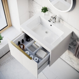 Nes Home 600mm Wall Hung Pink Drawers Basin Vanity Brushed Brass Handle - thumbnail 4