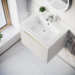 Nes Home 600mm Wall Hung Pink Drawers Basin Vanity Brushed Brass Handle - thumbnail 3