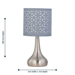 First Choice Lighting Romana - Brushed Chrome Touch Table Lamp With Grey Laser Cut Shade - thumbnail 6