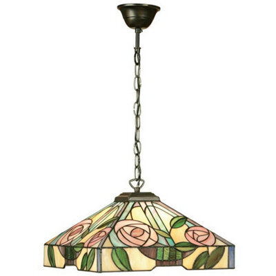 Tiffany Glass Hanging Ceiling Pendant Light Bronze & Square Rose Shade I00156 - image 1