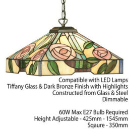 Tiffany Glass Hanging Ceiling Pendant Light Bronze & Square Rose Shade I00156 - thumbnail 2