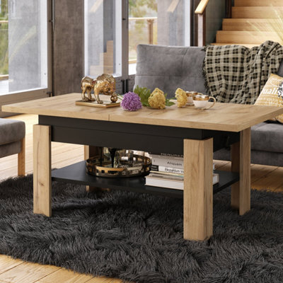 Heze Furniture Runa 2 In 1 Extending Coffee / Dining Table 130-170Cm - Golden Craft Oak / Black - image 1