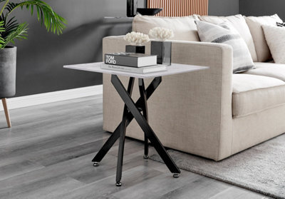 Furniturebox Uk Leonardo Side Table With White Glass Marble Effect Top And Black Legs - image 1