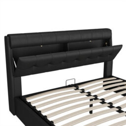 Abrihome Fashion Upholstered Bed, 135X190(4Ft6), Double Bed, Concealed Headboard Storage, Pu, Without Mattress, Black - thumbnail 6
