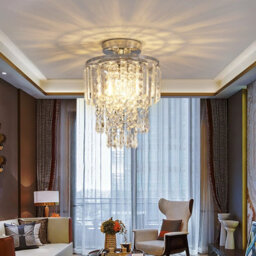 Living And Home Chrome Plated Crystal Chandelier With Teardrop Pendant, Living Room Bedroom Ceiling Light