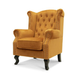 Velvet Wing Back Fireside Henley Chair Armchair With Buttons Mustard Gold - thumbnail 3