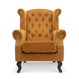 Velvet Wing Back Fireside Henley Chair Armchair With Buttons Mustard Gold - thumbnail 2