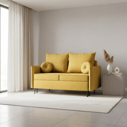 Leon Small 2 Seater Sofa Bed With Storage Bonnell Springs Loose Cushions Upholstered Back 145Cm Yellow