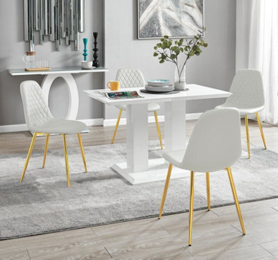 Furniturebox Uk 4 Seater Dining Set - Imperia White High Gloss Dining Table And Chairs - 4 White Corona Gold Chairs - image 1
