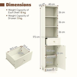 Floor Cabinet W/3 Open Shelves-White 172Cm Tall Bathroom Cabinet Narrow - thumbnail 2