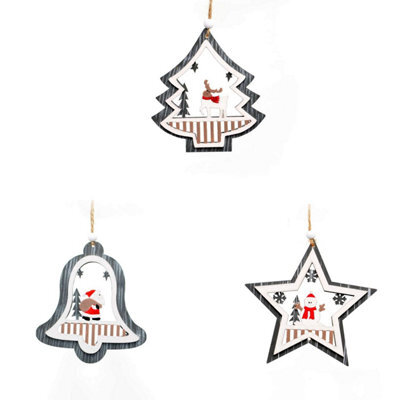 Shatchi Christmas Tree Ornaments Wooden Aesthetic Hanging Decorations Assorted Grey Shapes 3Pcs - image 1
