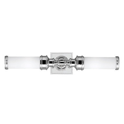Stylish Ip44 Twin Wall Light With Opaque Glass Shades And Polished Chrome Finish