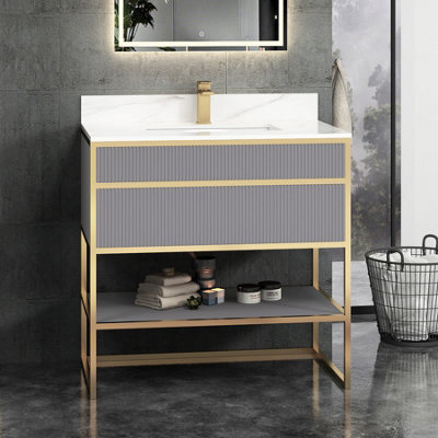 Royal Bathrooms Vienna 900mm Rock Grey Freestanding Bathroom Cabinet Vanity Unit With Brushed Brass Frame & Carrara White Top - image 1