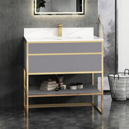 Royal Bathrooms Vienna 900mm Rock Grey Freestanding Bathroom Cabinet Vanity Unit With Brushed Brass Frame & Carrara White Top - thumbnail 1