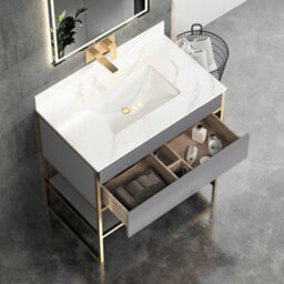 Royal Bathrooms Vienna 900mm Rock Grey Freestanding Bathroom Cabinet Vanity Unit With Brushed Brass Frame & Carrara White Top - thumbnail 5