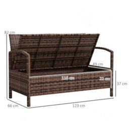 Outsunny Rattan Garden Bench W/ 125L Storage, Cushioned Outdoor Bench, Brown - thumbnail 3