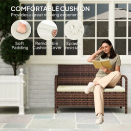 Outsunny Rattan Garden Bench W/ 125L Storage, Cushioned Outdoor Bench, Brown - thumbnail 6