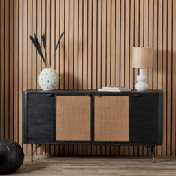 Pacific Lifestyle 4 Door Rattan Sideboard With Black Acacia Wood And Natural Tv Unit