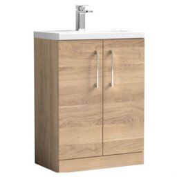 Balterley Bramshall Compact 600mm 2 Door Bleached Oak Floor Standing Vanity Unit With Basin - thumbnail 1