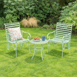 Melody Maison Ornate Metal Sage Green Round Garden Table & Set Of 2 Ornate Garden Chairs - thumbnail 2