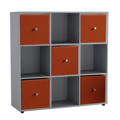 Urbn-Living 9 Cube Grey Wooden Bookcase Shelving Unit With 5 Collapsible Fabric Drawers Orange - image 1