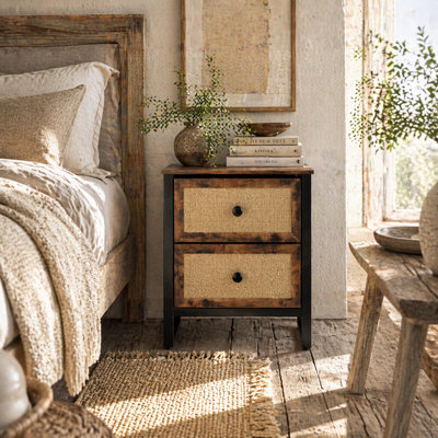 Wyld Haus Mata Coyo Rustic Brown Industrial Bedside Table Wicker 2-Drawer Nightstand 50W X 30D X 60H Cm - image 1