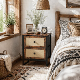 Wyld Haus Mata Coyo Rustic Brown Industrial Bedside Table Wicker 2-Drawer Nightstand 50W X 30D X 60H Cm - thumbnail 2